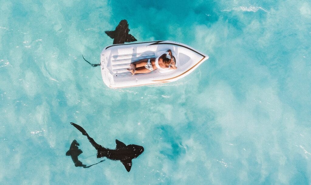 Bahamas woman on raft in ocean with sharks swimming under
