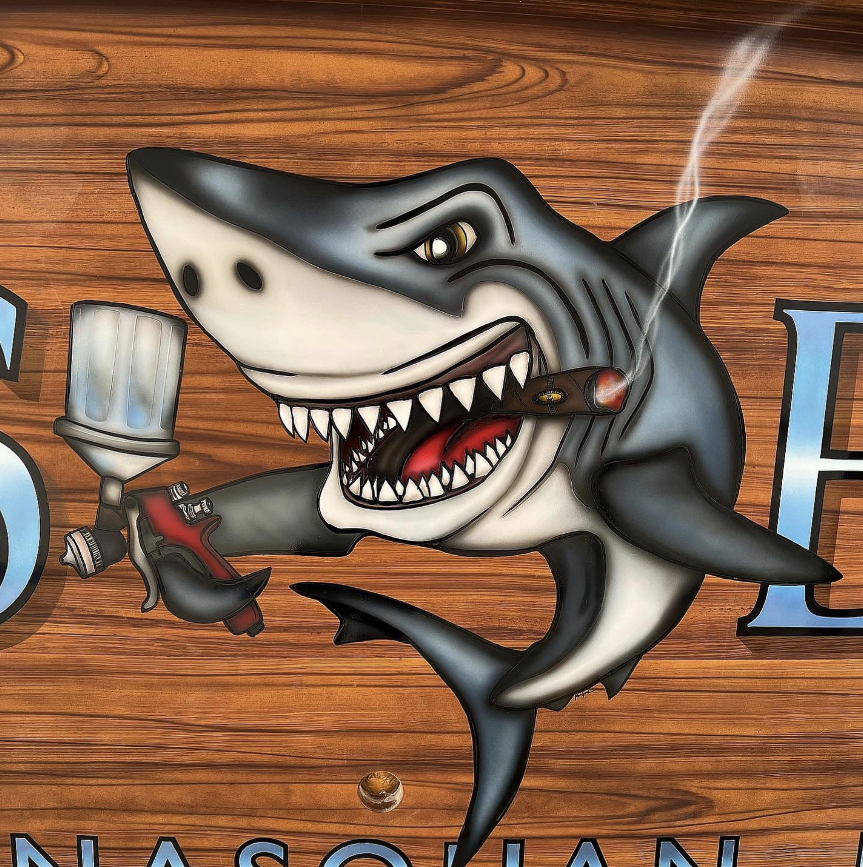 shark smoking cigar boat artwork by monique richter