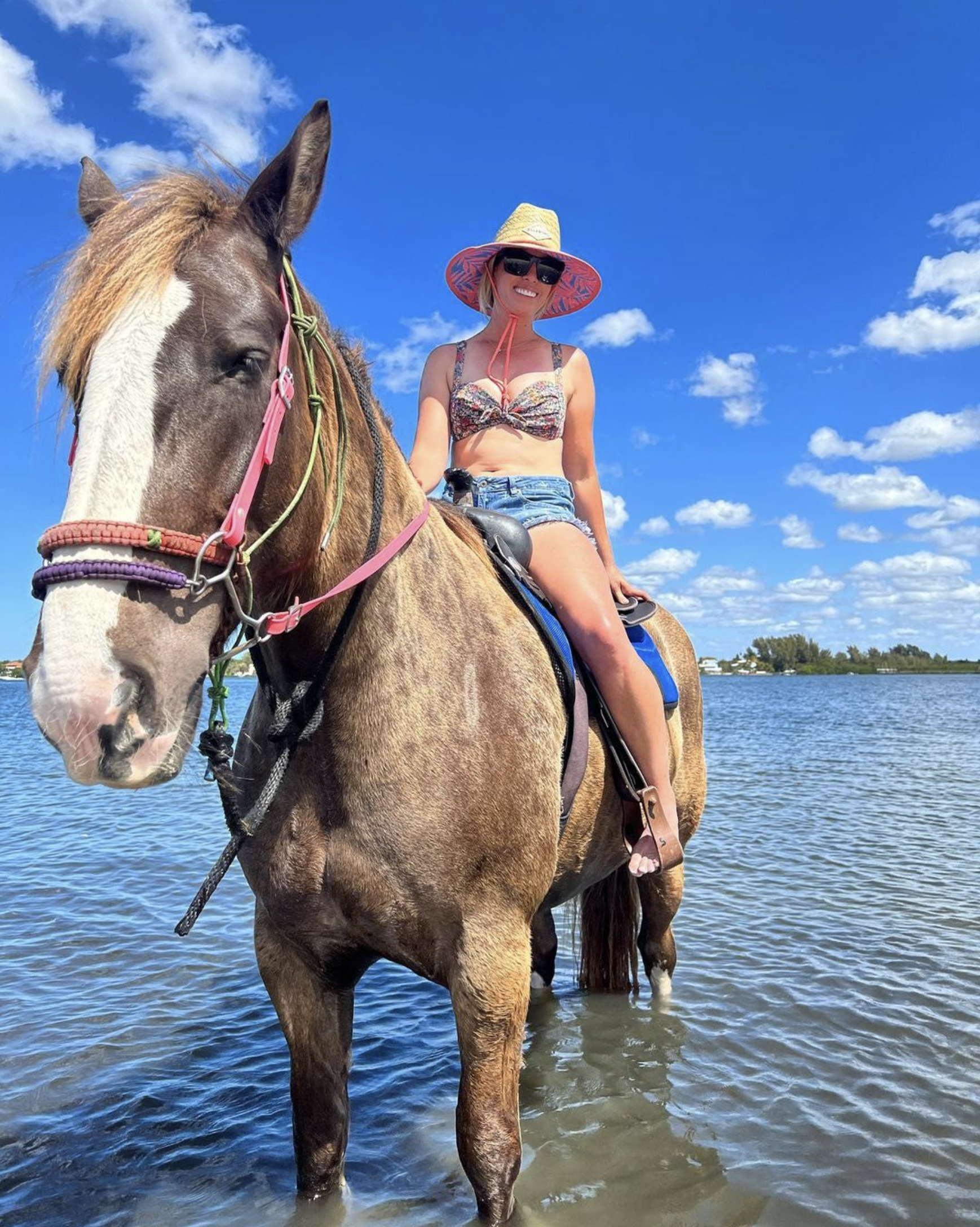 Monique richter in hat and swimsuit sitting on horse standing in water