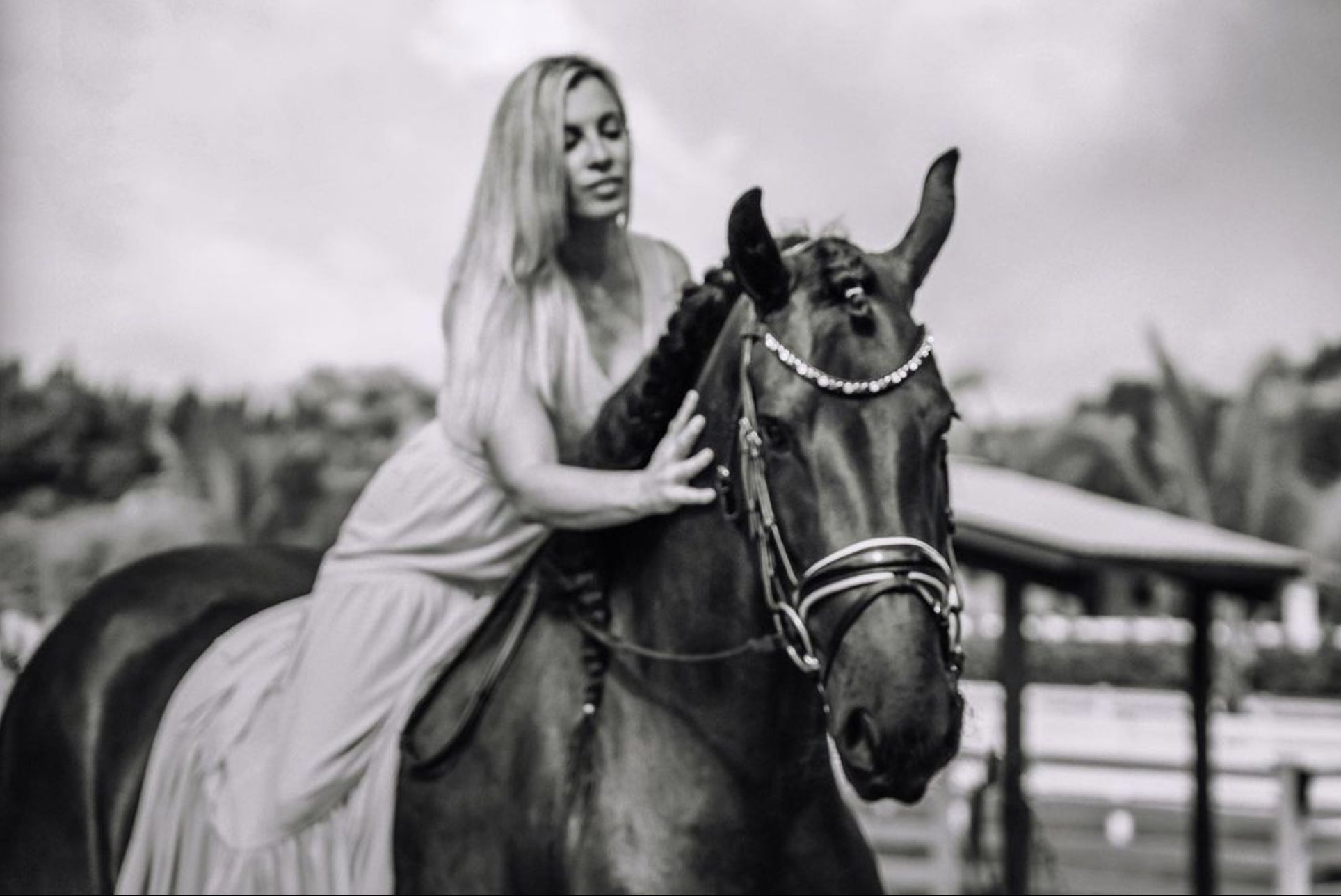 black and white photo of monique richter and her horse