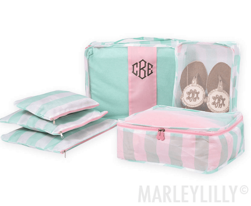 aqua striped packing cubes with monogram for unique gift