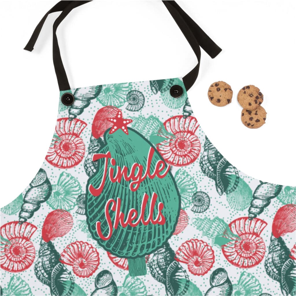 Apron that says Jingle Shells with red and green vintage shells 