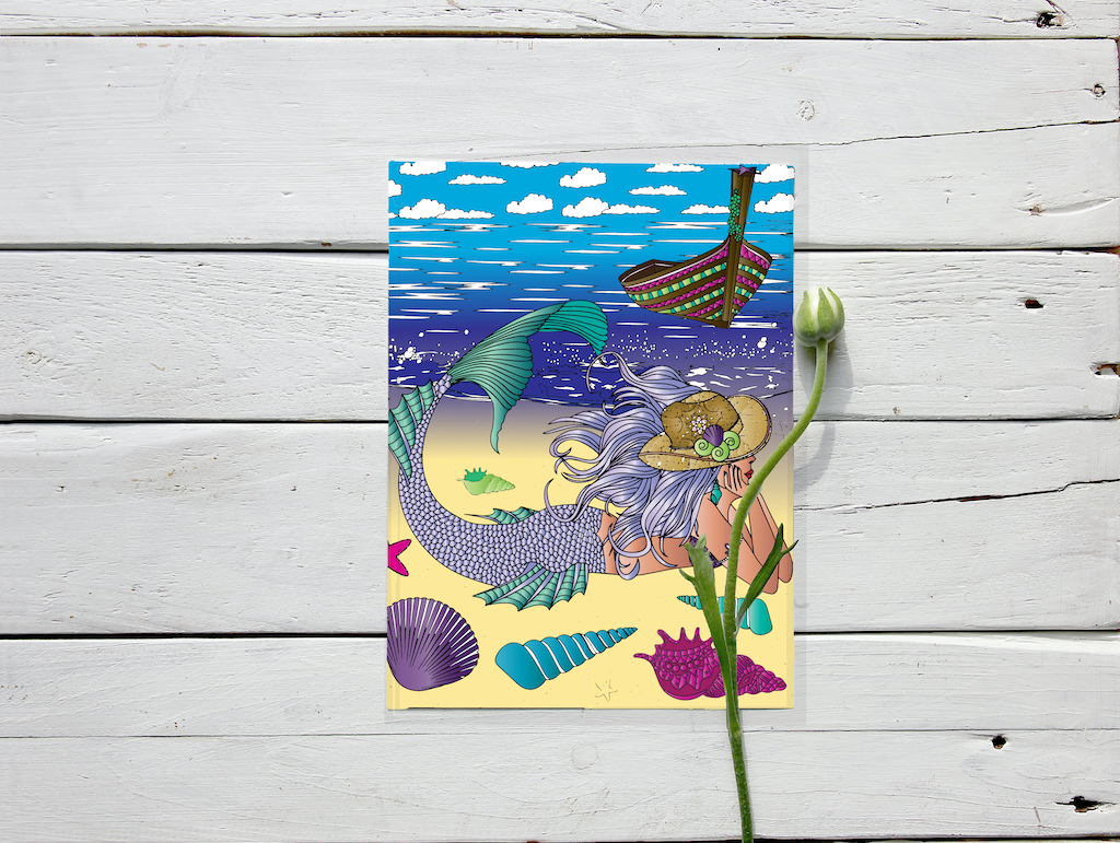 Cowgirl mermaid coloring page with mermaid on beach in bright colors