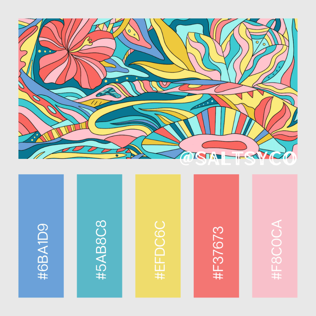 Saltsy color palette: Tropical mandala style pattern with an array of 5 coordinating bright color hex codes beneath it. 