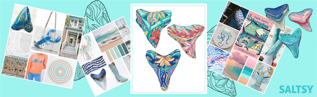 Aqua colored banner graphic of shark teeth artwork and the inspiration behind it: Colorful ocean themed mood boards and colorful boho artwork with Saltsy's trio of Tropical Shark Teeth artwork in the center
