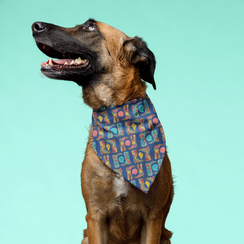 Large brown dog wearing a blue bandana in a boots and seashells print