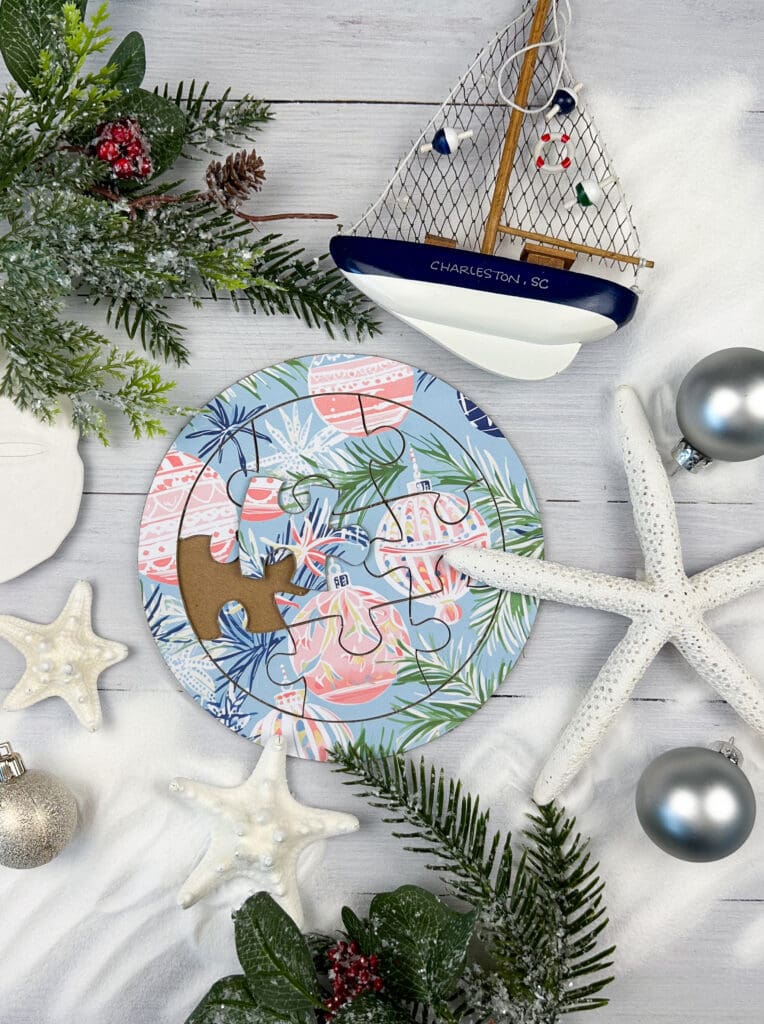 Coastal holiday DIY puzzle shown using white vinyl, more vibrant colors on Saltsy artwork